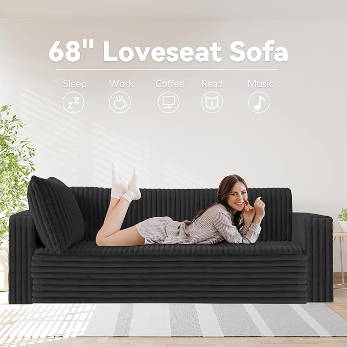 HABUTWAY 68" Loveseat Boneless Couch, 4-in-1 Convertible Sofa Bed, Plush Fur Folding Futon Sofa Bed Couches with 2 Pillows for Living Room, High-Density Foam Support, No Assembly Required, Black