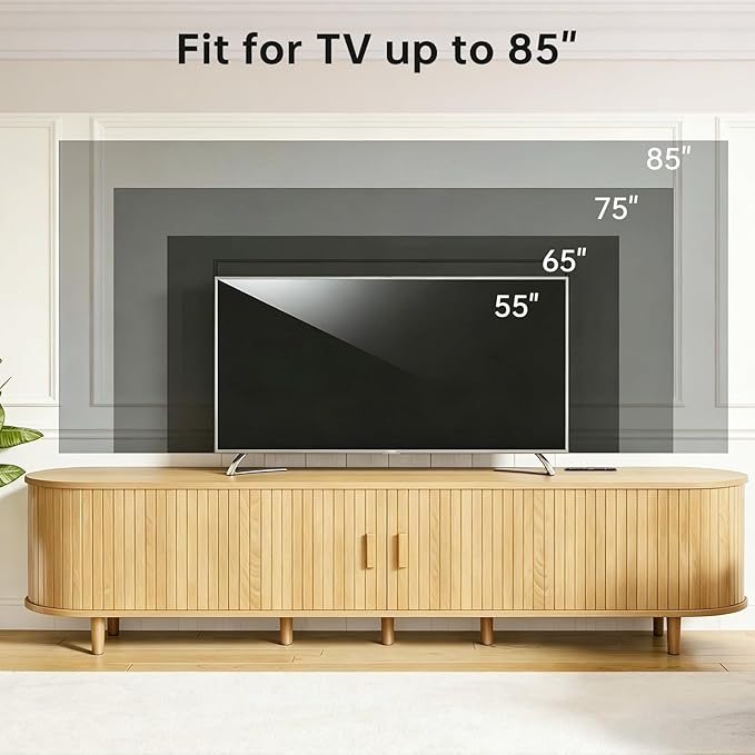 80" Mid Century Modern TV Stand, Wood TV Consoles with Sliding Doors and Power Outlet, Entertainment Center with Adjustable Shelves, Fluted TV Stands for Living Room, Oak