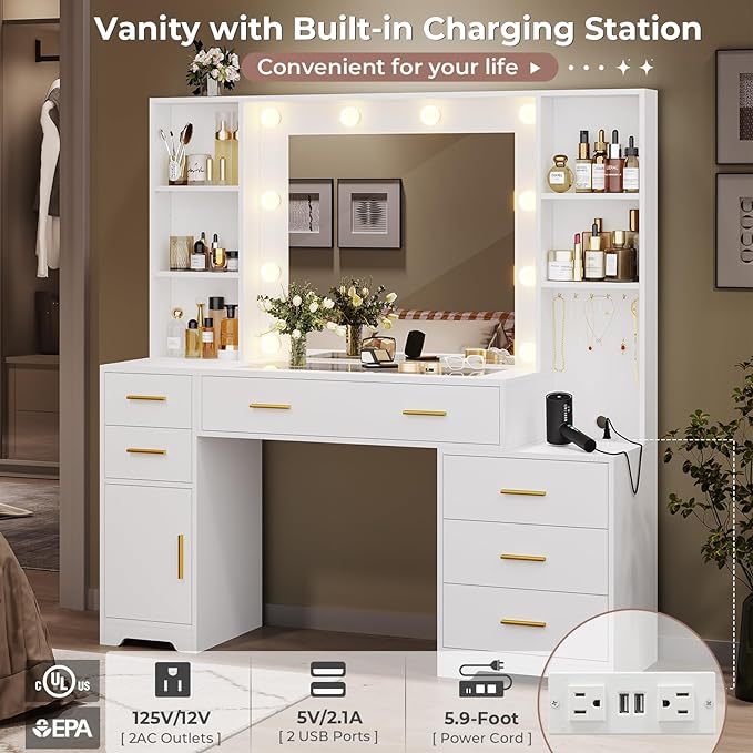 Hasuit 48.8'' Large Vanity Desk with Lighted Mirror & Power Outlet, White Makeup Vanity Table with 6 Drawers, 4 Shelves and 1 Storage Cabinet, Glass Tabletop Bedroom Dressing Table, 3 Lighting Modes