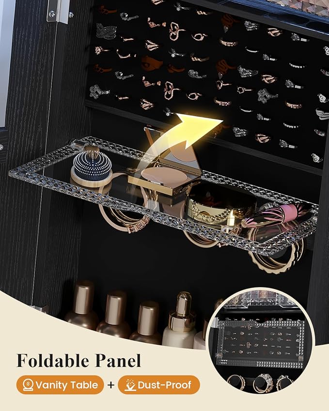 LVSOMT LED Arched Mirror Jewelry Cabinet Standing, Lockable Jewelry Armoire, Full-Length Mirror with Storage, Space-Saving Jewelry Organizer Mirror, Foldable Makeup Shelf, Gift for Women(LED Black)