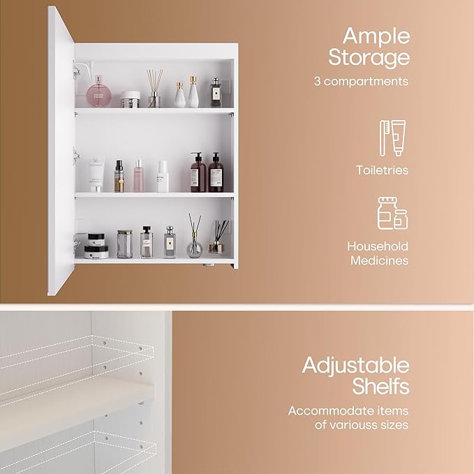 32x24 inch LED Lighted Medicine Cabinet with Mirror, Moisture-Resistant Wood, Stepless Dimmable, 3000K/5500K, Defogger, Adjustable Shelf, Flat-Pack Design – Assembly Required (White)