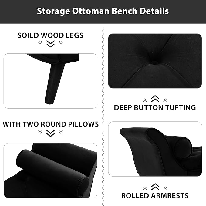 Storage Bench for Bedroom End of Bed, 65" Velvet Upholstered Rolled Armed Button Tufted Stool Bench, Storage Ottoman Long Bench with with 2 Pillows for Entryway (Black)