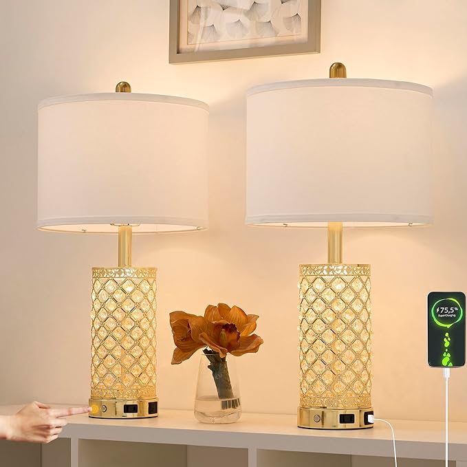 SAIWEYA Crystal Table Lamps Modern 3-Way Dimmable Bedside Lamp with 2 USB Ports & AC Outlets for Living Room Bedroom Nightstand Lamp Night Light (Gold- 1 Pack 24In)