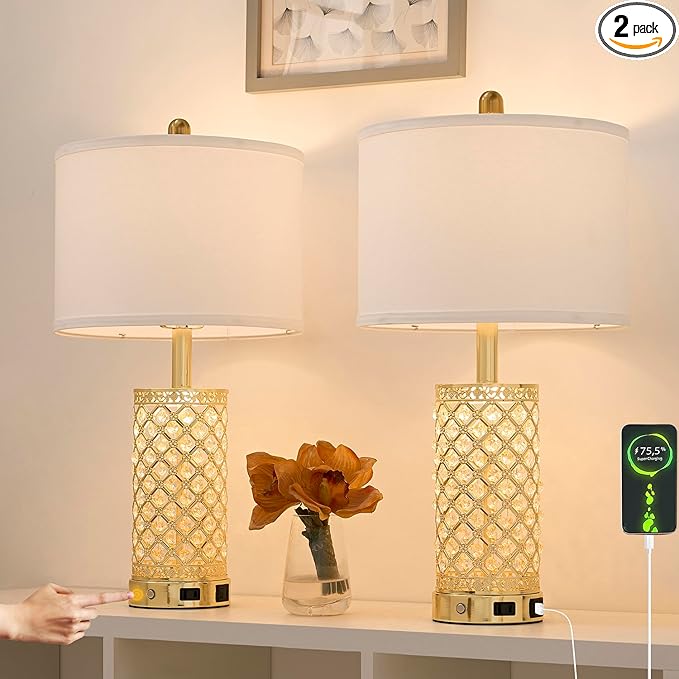 SAIWEYA Crystal Table Lamp Set of 2-24in Gold Bedroom Lamps 3-Way Dimmable Touch Lamp with Night Light, 2 USB Ports + AC Outlet Bedside Night Stand Lamp for Living Room (Gold-2 Pack 24In)