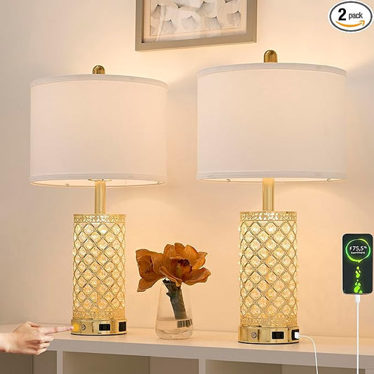 SAIWEYA Crystal Table Lamp Set of 2-24in Gold Bedroom Lamps 3-Way Dimmable Touch Lamp with Night Light, 2 USB Ports + AC Outlet Bedside Night Stand Lamp for Living Room (Gold-2 Pack 24In)