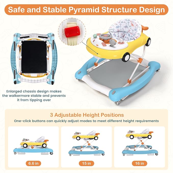 Baby Walker, 5-in-1 Baby Walker for Boys and Girls with Bouncer, Removable Footrest, Music, Foldable & Adjustable Speed Wheels Activity Walker for 6-18 Months Toddler Infant(Yellow Blue)