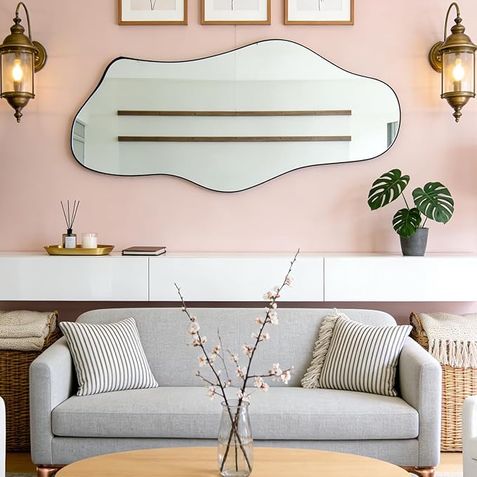 Large Irregular Mirror, 63"x29" Asymmetrical Aesthetic Wall Mirror with Black Metal Frame, Modern Organic Shape Mirror for Living Room Hallway Entryway, Horizontal or Vertical Wall Hanging