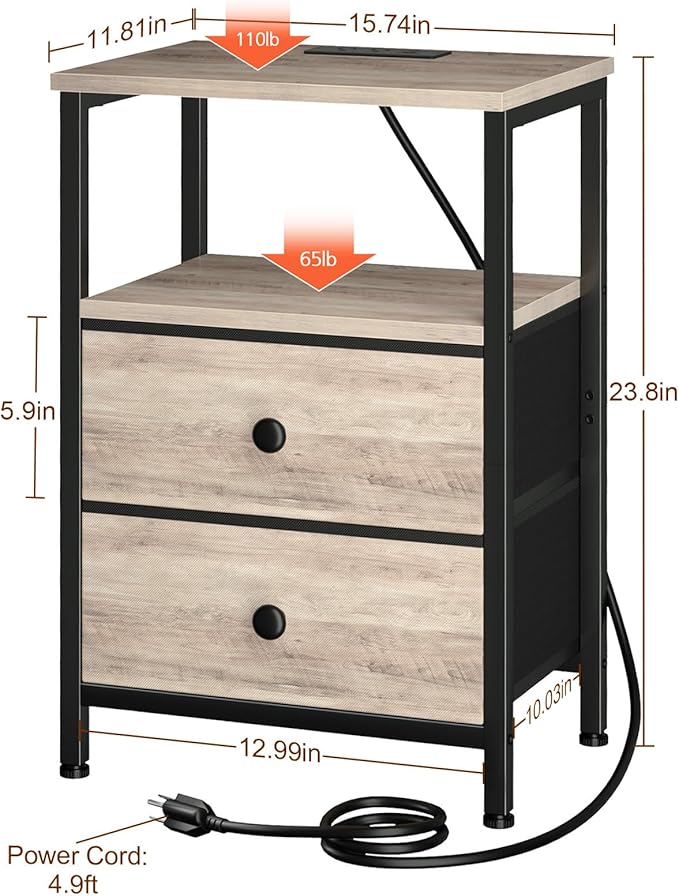 LOAKEKEL Night Stand, Nightstand with Charging Station, Slim Industrial Bedside Table with 2 Fabric Drawers, Small End Table with USB & Type-C Ports for Bedroom, Grey, HETS020GY-1
