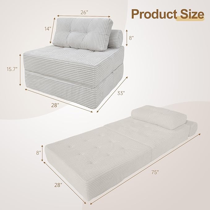 ANONER Memory Foam Folding Sofa Bed, Sectional Couches with Pillow, Futon Floor Couch, Versatile Convertible Sleeper Chair, Boneless Chaise Lounge, Fold Out Chair Bed for Living Room, Beige