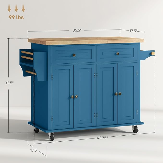 HOMCOM Kitchen Island Cart with Solid Wood Top, 44" Mobile Kitchen Island Table on Wheels with Storage Cabinets, 2 Drawers, Adjustable Shelves, Spice Rack & Towel Bar for Dining Room, Turquoise