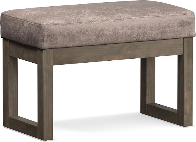 SIMPLIHOME Milltown Small Ottoman Bench - 27" Wide x 18" High Upholstered Vegan Leather Rectangle Footstool Ottoman in Distressed Grey Taupe, Contemporary Bench with Cushioned Seat, Assembled