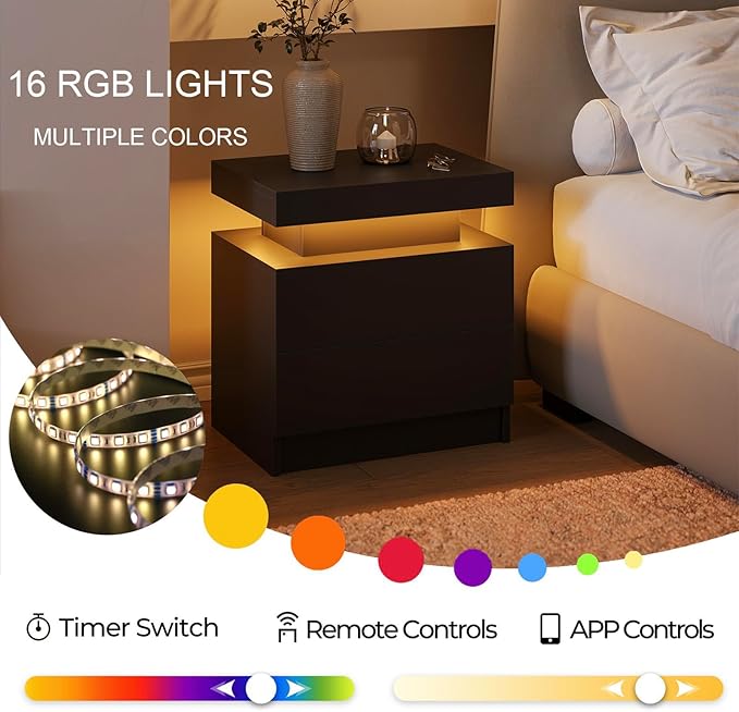 Black LED Nightstand Modern Night Stand for Bedroom Bedside Table with 2 Wood Drawers End Side Table
