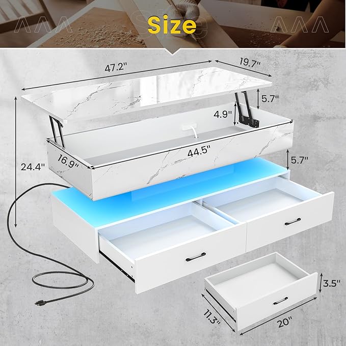 SEDETA 47.2" Lift Top Coffee Table, Coffee Tables with Storage for Living Room, 2 Drawers Coffee Table with Power Outlet & LED Light for Dining Reception Room, High Gloss White Marble