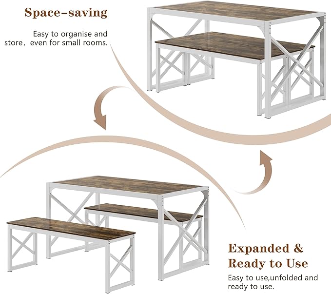 VECELO 55” Kitchen Dining Table Set for 4, Heavy-Duty Steel Frame & Wood-Grain Tabletop, Space-Saving Dinette Sets with 2 Benches for Breakfast Nook and Small Space, Drak Brown