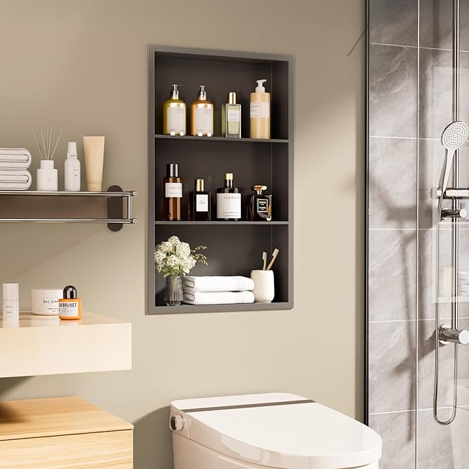14x24 Recessed Medicine Cabinet, Bathroom Wall Cabinet, 304 Stainless Steel Recessed Wall Niche with 3-Tiers Shelves, Matte Gray