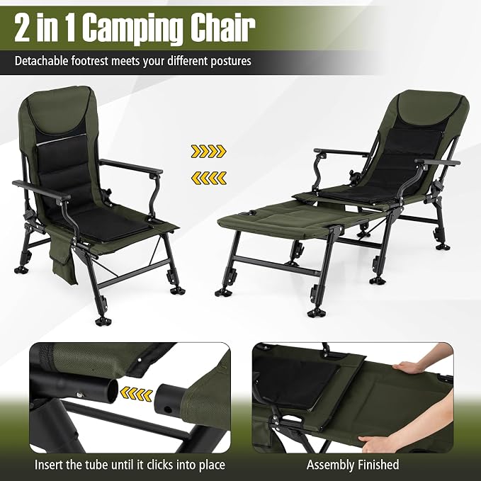GYMAX Foldable Fishing Chair, Heavy Duty All-Terrain Camping Chair, Detachable Footrest, 180° Adjustable Padded High-Back, Portable Recliner for Outdoor (Detachable Footrest)