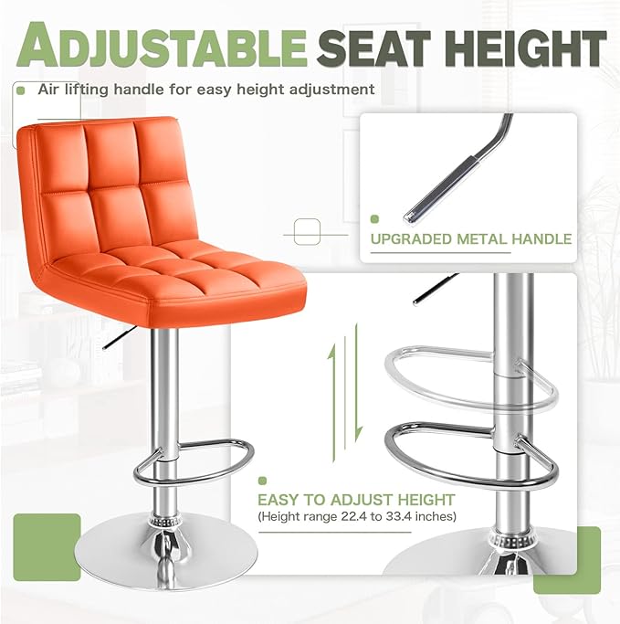 Furmax Bar Stools Modern Pu Leather Swivel Adjustable Hydraulic Bar Stool Square Counter Height Stool Set of 2 (Orange)
