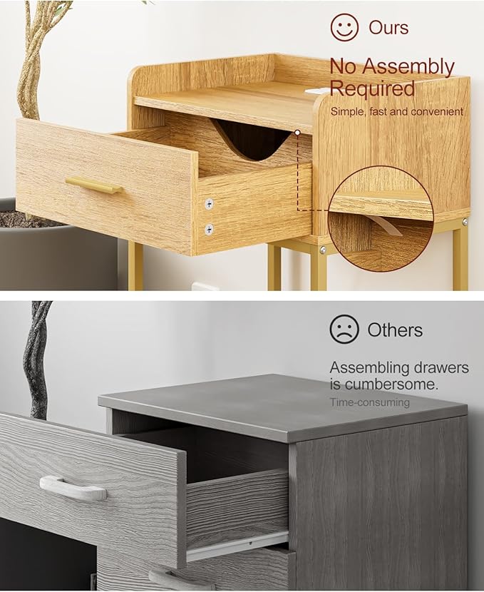 Nightstand with Charging Station, Modern Bedside Table with Drawer and Legs,Oak and Gold Night Stand with Open Shelf, Narrow Side Table for Bedroom, Living Room