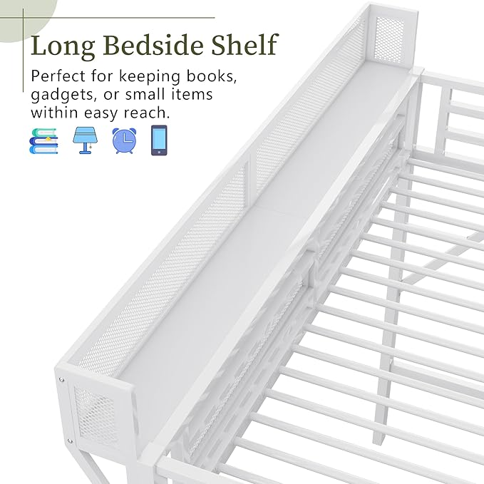 Mirightone Twin Size Loft Bed with Stairs and Storage, Metal Loft Bed Frame with A Shelf and Large Under-Bed Space, Heavy-Duty Loft Beds for Kids Boys Girls Teens, White