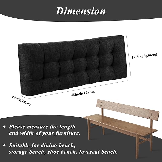 Bench Cushion for Indoor Furniture 48x19 inch Rectangle Bench Seat Cushion for Bay Window Entryway Bench Thick Textured Chair Cushion with Non-Slip Backing 1 Pack, Black