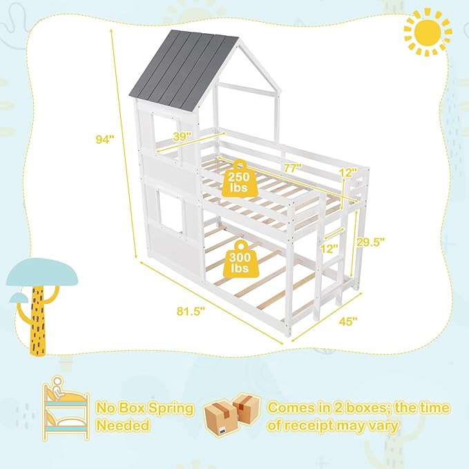 Giantex House Bunk Bed Twin Over Twin, Solid Wood Floor Bunk Bed with Built in Ladder, Window & Safety Guardrail, Wooden Kids Low Bunk Beds for Teens Boys & Girls, No Box Spring Needed, White