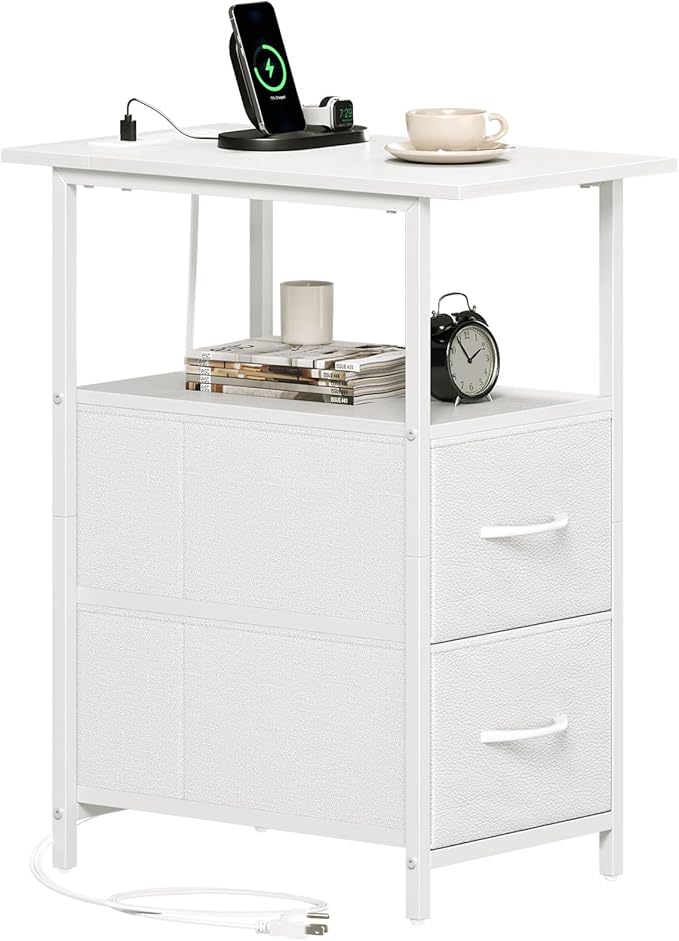 Somdot End Table with Charging Station, Narrow Side Table with 2 Fabric Drawers, Skinny Nightstand with Storage, Small Slim Bedside Table for Living Room, Sofa, Bedroom, Couch, White Leather