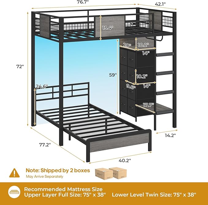 ADORNEVE Full Over Twin Bunk Bed with 8 Storage Drawers, Metal Loft Bed with Led Lights & Storage Shelves, Bunk Beds Twin Over Full Size with 13.4" H Safety Guardrail & Ladder, for Kids & Teens, Grey