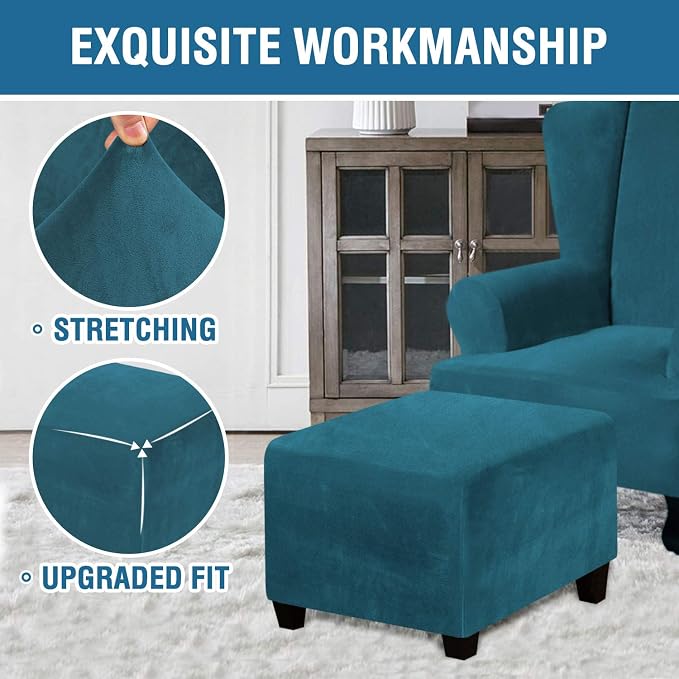 H.VERSAILTEX Square Ottoman Covers Ottoman Slipcover Square Footstool Protector Covers Storage Stool Ottoman Covers Stretch with Elastic Bottom, Feature Real Velvet Plush Fabric, Deep Teal