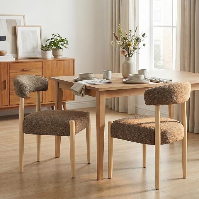 VKNOW Upholstered Dining Room Set for 4, Mid-Century Modern Dining Chairs Set of 2 and Dining Bench with Rubberwood Legs, for Dining Room, Living Room, Kitchen, Dark Brown