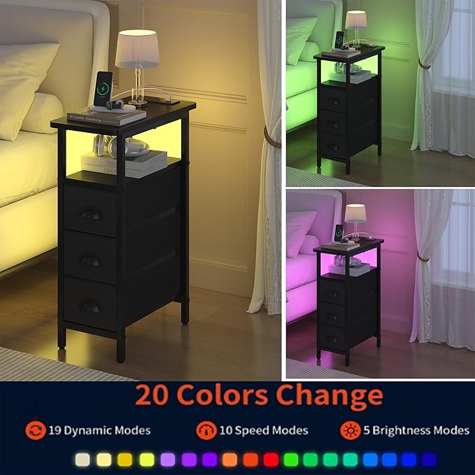 sthmec End Table with Charging Station,LED Side Tables with USB Ports and Outlets,Skinny Bedside Tables with 3 Drawers,Small Tabls Nightstands for Small Space,Slim Sofa Table for Livingroom,Black