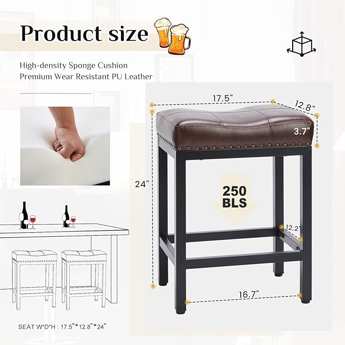 Sweetcrispy 24 inch Bar Stools Set of 6, Upholstered Modern Counter Height Bar Stools for Kitchen Island Modern PU Leather Sadless Stools Chair with Metal Base and Footrest,Brown