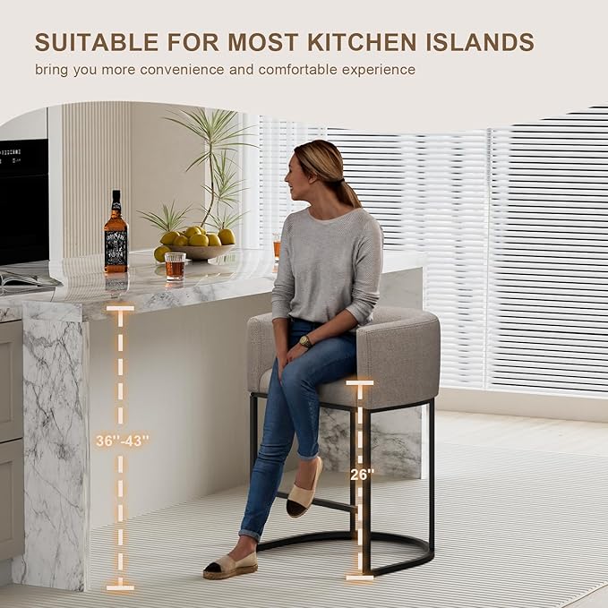 26" H Counter Height Bar Stools Set of 4, Modern Barrel Counter Stools with Backrest and Arms, Linen Fabric Upholstered Accent Barstools for Kitchen Island,Support 450 LBS (Sand)
