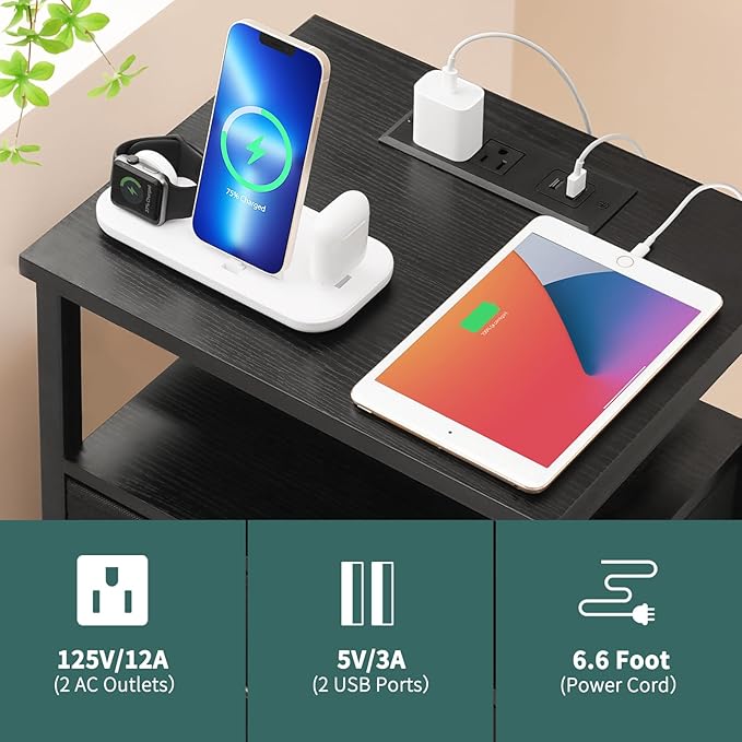 Yoobure Night Stand with Charging Station, 16 Colors LED Nightstand with USB Ports and Outlets, End Table with 3 Fabric Drawers and Storage Shelf, Bedside Tables Small Dresser for Small Space, Black