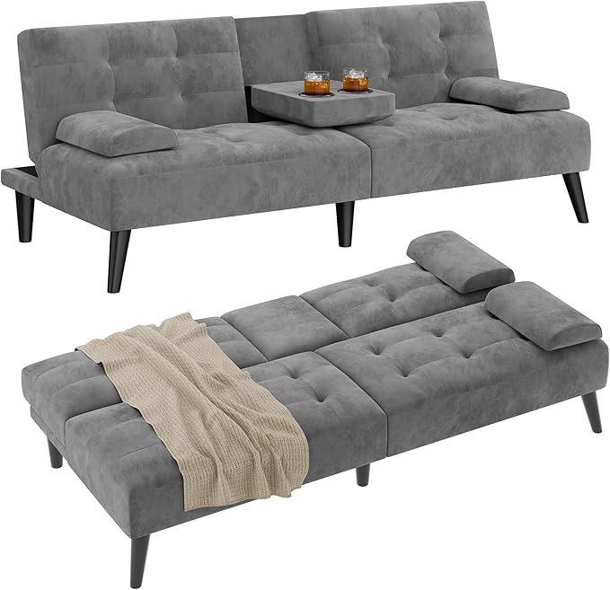 Shintenchi Futon Sofa Bed, Velvet Foldable Couch, Reclining Sleeper with Removable Armrests, Upholstered Loveseat Sofa Couch with Folding Cup Holders for Home, Office, Dark Grey