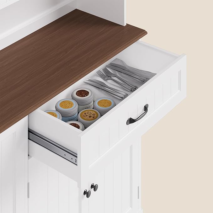 Gizoon Kitchen Pantry Cabinet with Countertop Kitchen Hutch Storage Cabinet 67.7" Tall Pantry Coffee Bar with Storage for Dining Room and Craft Room, White and Rustic