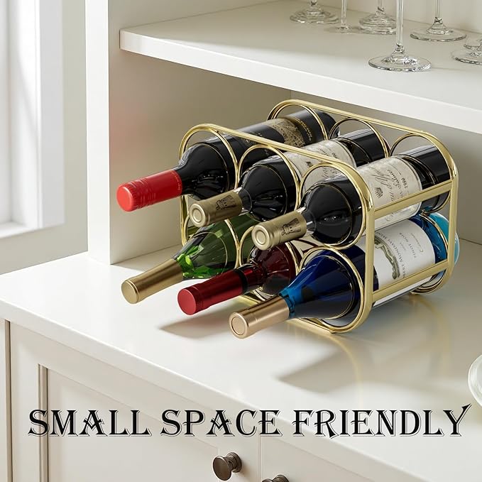 Buruis 6-Bottle Wine Rack, Modern Metal Countertop Wine Holder Stand for Kitchen, Pantry & Cabinet Storage, No Assembly Required, Gold