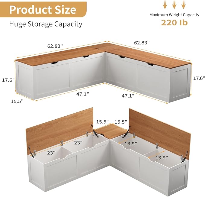 L Shape Kitchen Breakfast Nook Bench, Kitchen Corner Nook Bench Seating with Hidden Storage, Corner Dining Bench for Entryway. (Yellow + White)