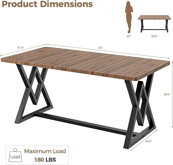 IRONCK 63" Dining Table for 4-6, Modern Rectangular Kitchen Table with Sturdy Metal Frame & Geometric Legs for Dining Room, Easy Clean-Brown