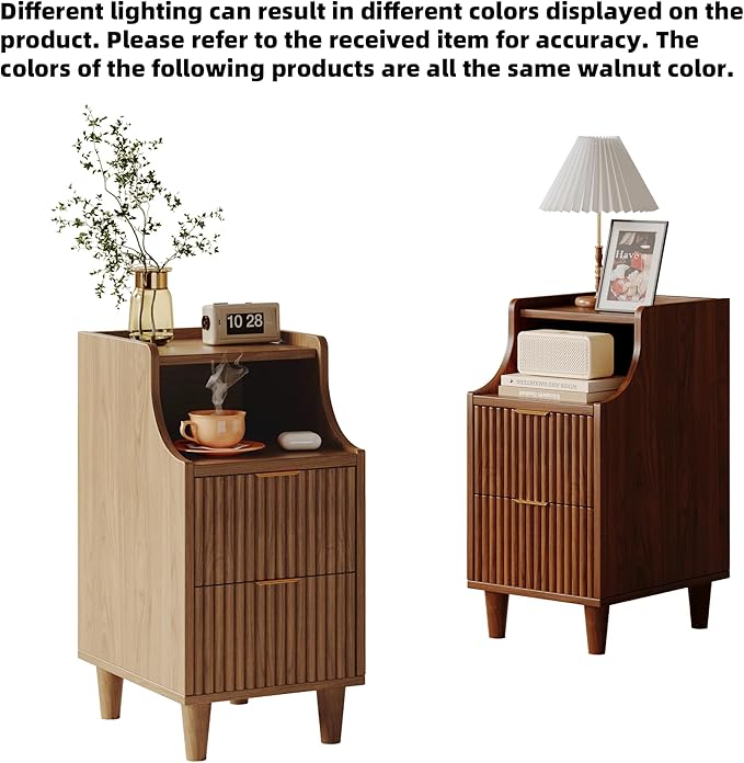 Narrow Nightstand Set of 2,11.8" Fluted Bedside Table Set of 2, Slim Side End Table with 2 Drawers, Wooden Bedside Table, Mid Century Modern Night Stand for Bedroom Livingroom Sofa Office