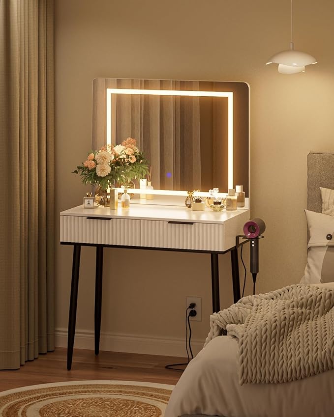 Vanity Desk with Large Mirror and Lights, Small Makeup Vanity Table with 2 Drawers, Dressing Table with 3 Adjustable Lighting Color, Small Makeup Desk for Bedroom, White with Black Leg