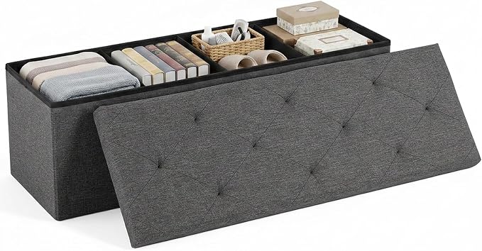 DUMOS 43 Inch Folding Storage Ottoman Bench, Spacious Hidden Organizer with Foam Cushioned Top, End of Bed Foot Rest Stool for Bedroom Living Room Entryway, Supports Up to 660 LBS, Linen Fabric, Gray