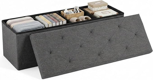 DUMOS 43 Inch Folding Storage Ottoman Bench, Spacious Hidden Organizer with Foam Cushioned Top, End of Bed Foot Rest Stool for Bedroom Living Room Entryway, Supports Up to 660 LBS, Linen Fabric, Gray