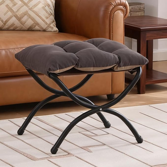 Welnow Folding Foot Stool, Upholstered Small Accent Ottoman with Detachable Thick Cotton Cushion Padded Sofa Stool and Metal Frame for Lazy Chair, Living Room, Bedroom, Dark Grey