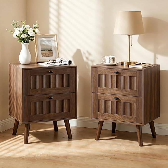 Kiasthome Mid-Century Wood Nightstand with 2 Drawers, Fluted Front Bedside Table, Functional End Table for Bedroom & Living Room (Vintage Walnut (2-Pack))