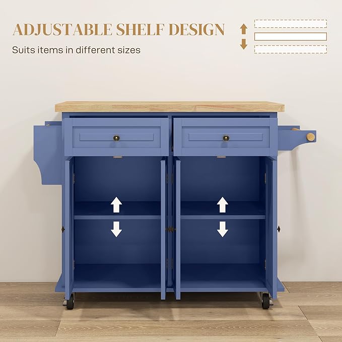 HOMCOM Kitchen Island Cart with Solid Wood Top, 44" Mobile Kitchen Island Table on Wheels with Storage Cabinets, 2 Drawers, Adjustable Shelves, Spice Rack & Towel Bar for Dining Room, Navy Blue