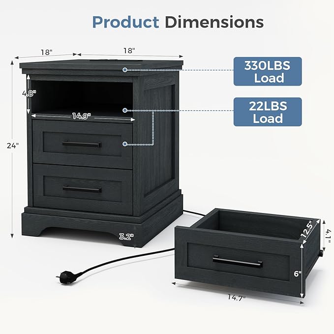DUMOS Nightstand with Charging Station, Wood Farmhouse Bedside Table with 2 Drawers and Open Shelf, Wood End Table, Modern Side Table for Bedroom, Black