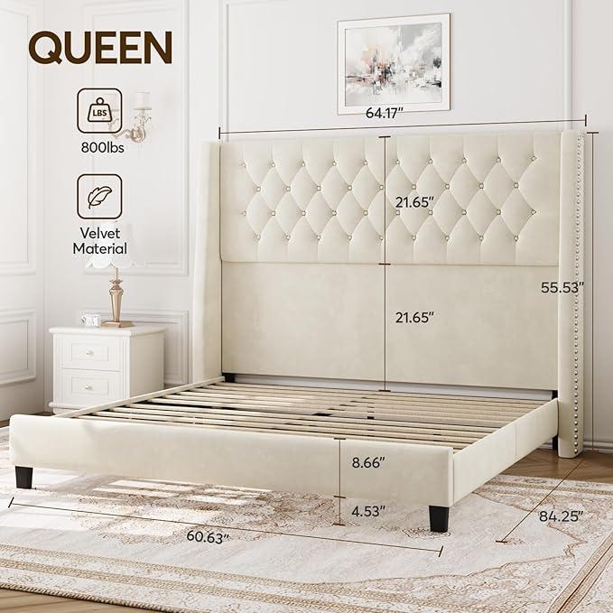 Queen Bed Frame with 55" Tall Headboard, Upholstered Bed Frames, Soft Fabric, Button Tufted Headboard with Windback, Platform Bed, Noise-Free, No Box Spring Needed, Beige