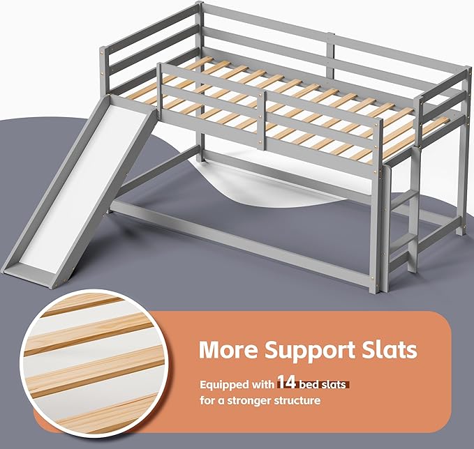 TOLEAD Low Bunk Bed with Slide, Floor Loft Bed with Climbing Ladder, Wood Twin Bunk Bed Frame with Full Guardrails & Storage Space for Kids Toddler