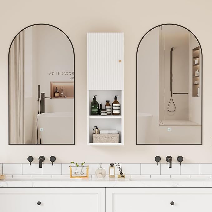 Qupui Fluted Bathroom Wall Cabinet, 31.5" Tall 4-Tier Narrow Medicine Cabinet Organizer with Adjustable Shelf & Doors, Wall Mounted Storage Cabinet for Bathroom, Laundry Room, Small Kitchen (White)