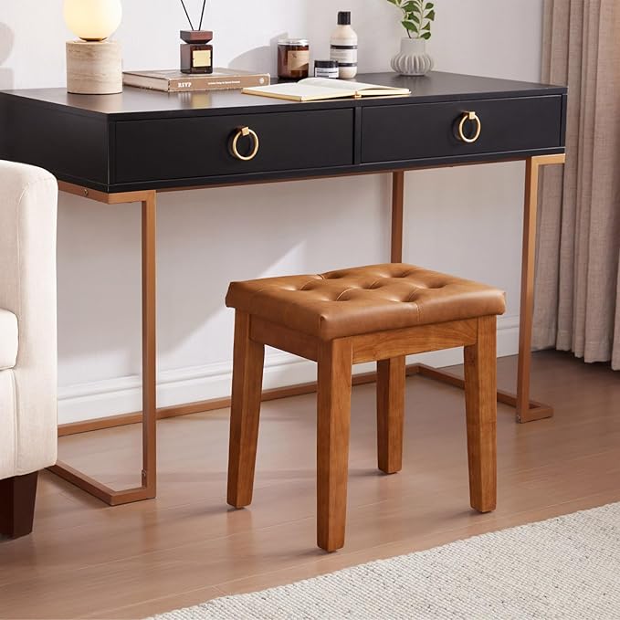 Upholstered Ottoman Stool with Padded Seat, Tufted Vanity Stool with Solid Wood Legs, Accent Stools, Faux Leather Cognac Brown
